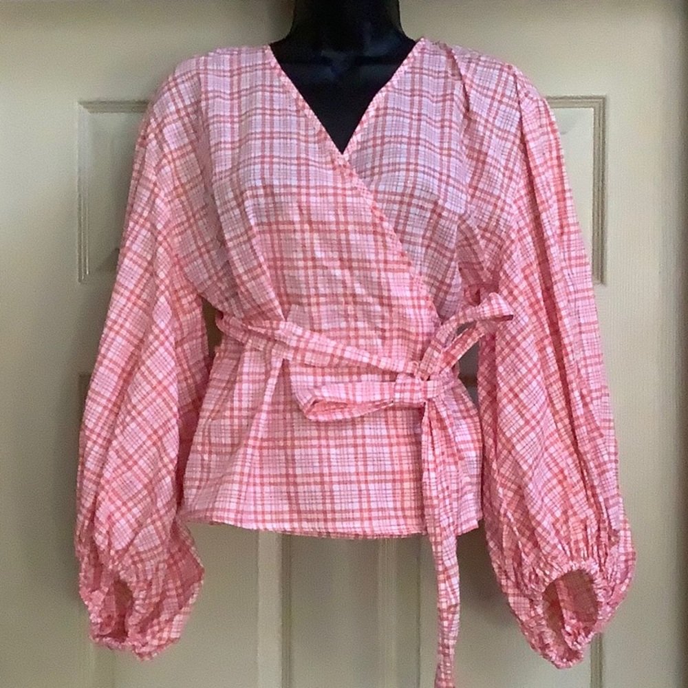 NWT MICHAEL MICHAEL KORS Coral Tie Plaid Long Sleeve Surplice Neckline Blouse - Picture 4 of 13